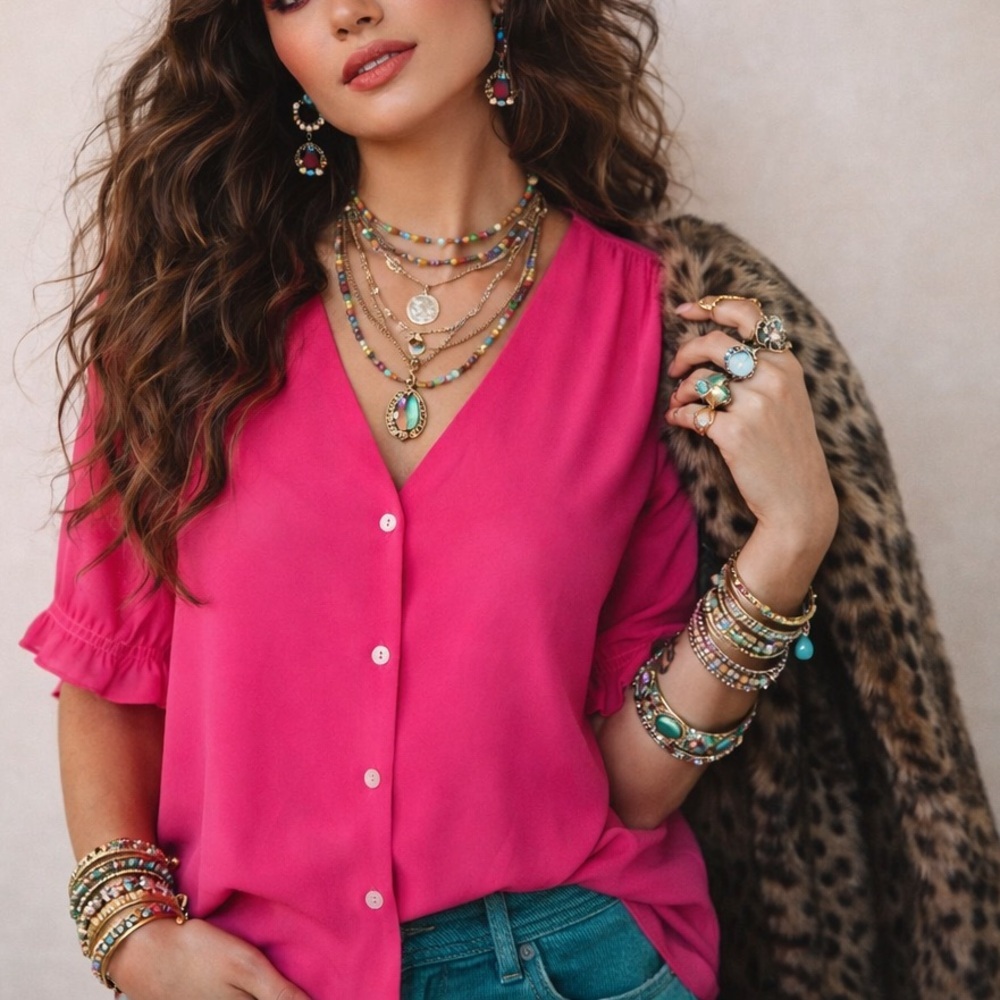J. Crew Hot Pink V-Neck Button Front Blouse